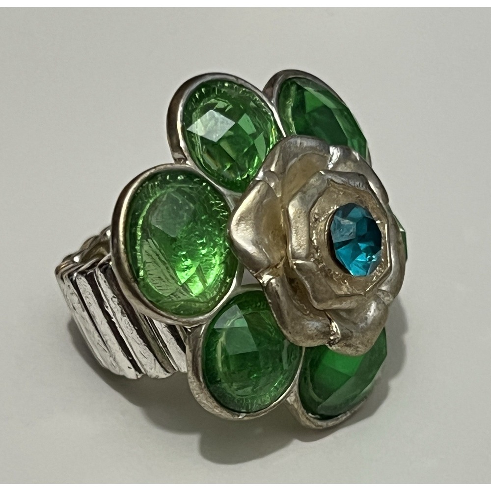 Green And Teal Blue Metal Flower Scalloped Chunky Statement‎ Adjustable Ring